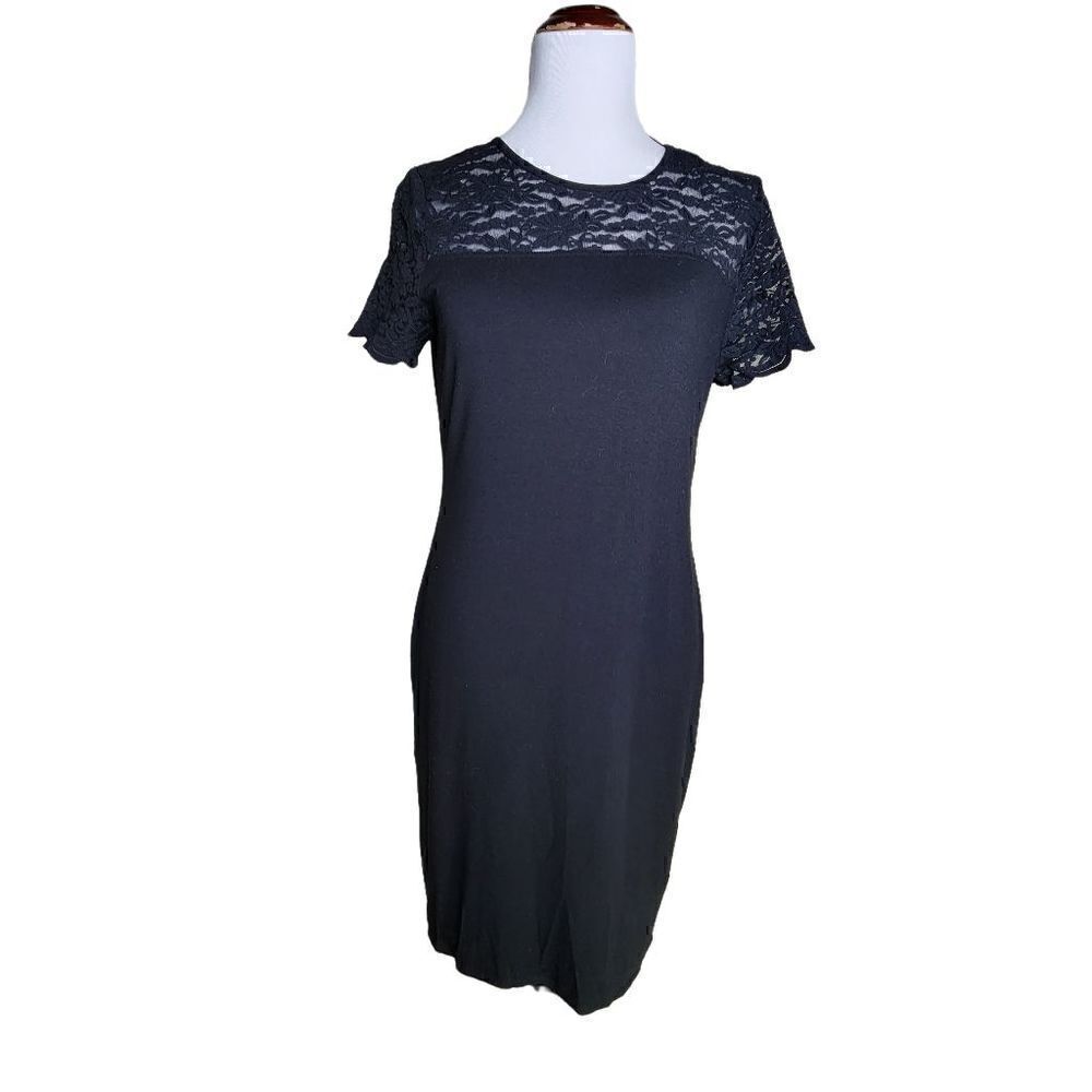 Vince Camuto Lace Top Short Sleeve Midi Shift Dress Black Size Large